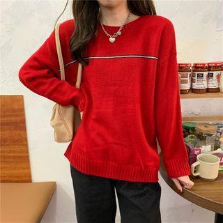 Long-sleeve Round-neck Knit Top Red - One Size