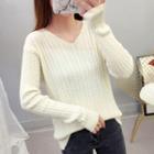 V-neck Long-sleeve Plain Knit Sweater