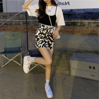 Crew-neck Plain Tee / Plain Camisole Top / Printed Mini Skirt