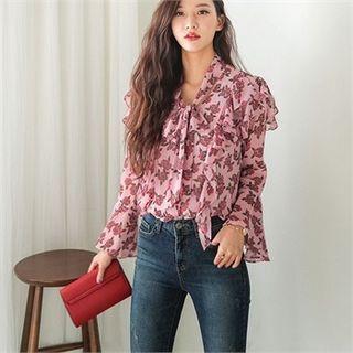 Tie-neck Ruffled Floral Chiffon Blouse