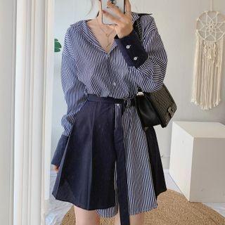 Set: Long Sleeve Striped Shirt + High Waist Plain Skirt