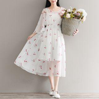 Set: Plain Slipdress + Printed 3/4-sleeve Midi Dress