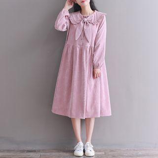 Long-sleeve Corduroy Sailor Collar A-line Midi Dress