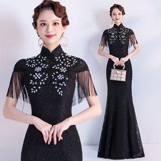 Mandarin Collar Fringed Rhinestone Mermaid Evening Gown