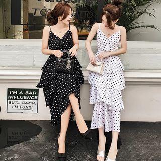 Spaghetti Strap Polka Dot Layer Pleated Dress