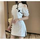 Elbow-sleeve Cold-shoulder Mini Qipao