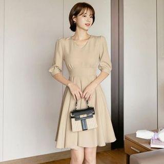 Puff-sleeve V-neck Flare Dress