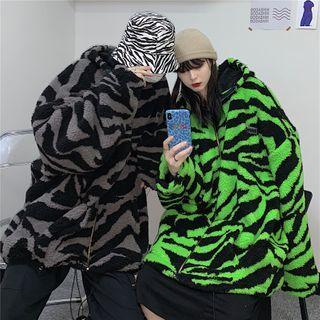 Zebra Print Fleece Hooded Zip Jacket