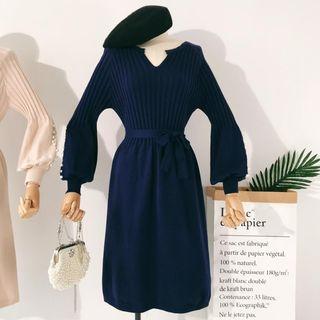 Long-sleeve Tie-waist Embellished Knit Dress