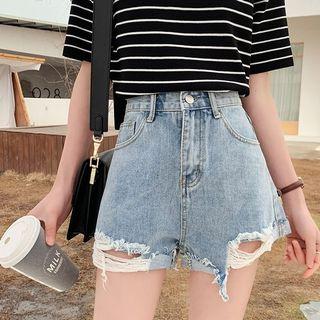 High Waist Wash Out Ripped Denim Shorts