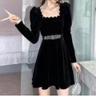 Long-sleeve Scalloped Square-neck A-line Mini Dress