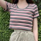 Short-sleeve Striped Cropped T-shirt Stripe - Dark Green & Pink - One Size
