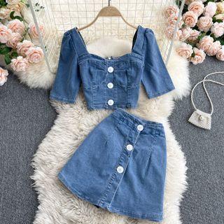 Set: Short-sleeve Denim Cropped Top + Skort