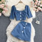 Set: Short-sleeve Denim Cropped Top + Skort