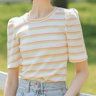 Short-sleeve Striped Round Neck Knit Top