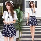 Set: Short-sleeve Chiffon Top + Floral Print A-line Mini Skirt