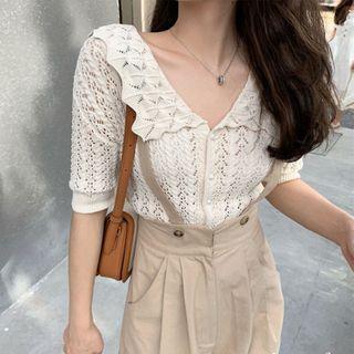 Collared Short-sleeve Cropped Knit Cardigan Beige - One Size