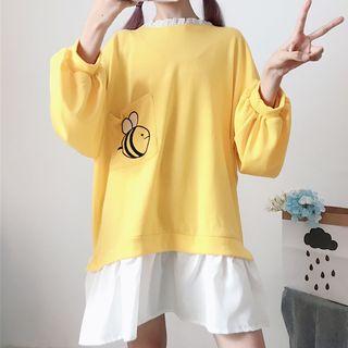 Mock Two-piece Bee Embroidery Sweatshirt Dress Yellow - One Size
