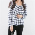 Square-neck Long-sleeve Check Blouse