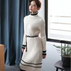 Mock-turtleneck Striped Knit Sheath Dress