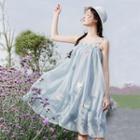 Set: Butterfly Embroidered Short-sleeve A-line Dress + Strappy Dress