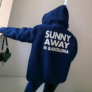 Letter-printed Sherpa-fleece Zip-up Hoodie