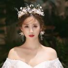 Set: Wedding Faux Pearl Branches Headpiece + Fringed Earring 1 Piece - Headpiece & 1 Pair - Clip On Earrings - Gold & White - One Size