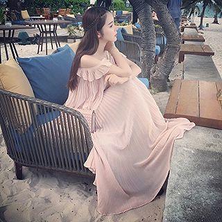 Cut Out Shoulder Ruffle Sleeve Pleated Maxi Dress