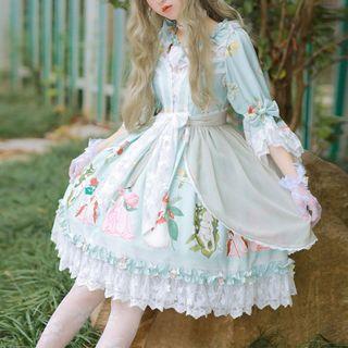 3/4-sleeve Lace Trim Print Lolita Dress