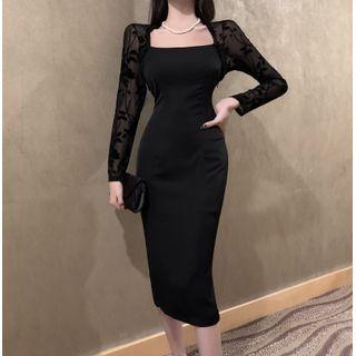 Long-sleeve Flower Print Panel Sheath Dress