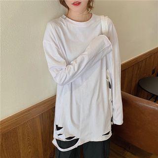 Long-sleeve Plain Ripped T-shirt