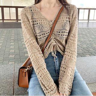 Long-sleeve Drawstring Pointelle Knit Top