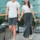 Couple Matching Crew-neck Short-sleeve T-shirt / High Waist Midi Skirt / Plain Shorts