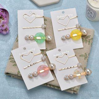 Set Of 3: Heart / Faux Pearl Hair Clips (various Designs)