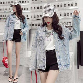 Ripped Buttoned Denim Jacket Light Blue - One Size