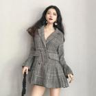 Flared-cuff Double-breasted Plaid Blazer