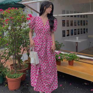 Puff-sleeve Floral Maxi A-line Dress Red Flowers - Pink - One Size
