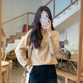 Raglan-sleeve Slit-cuff Knit Top Beige - One Size