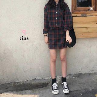 Set: Long-sleeve Plaid Shirt + Mini Skirt