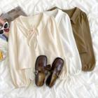 Long-sleeve Plain Tie-neck Top