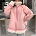 Fleece Panel Zip-up Jacket Pink - One Size