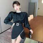 Balloon-sleeve Faux Pearl Blouse / A-line Mini Skirt