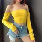 Off-shoulder Lace-up Back Cropped T-shirt