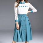 Set: Long-sleeve Lace Blouse + A-line Midi Skirt