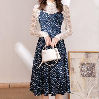 Long-sleeve Sheer Top / Sleeveless Floral Print Dress / Set