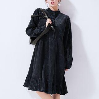 Corduroy Long-sleeve A-line Dress Dark Blue - One Size