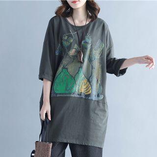 Vase Print 3/4 Sleeve T-shirt Dress