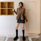 Mock-turtleneck Ribbed Knit Top / V-neck Zip Vest / Plaid A-line Skirt