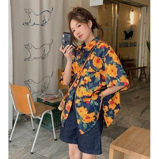 Short-sleeve Lapel Print Shirt Jacket Yellow - One Size