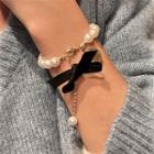 Bow Fabric Faux Pearl Bracelet White Bead - Gold - One Size